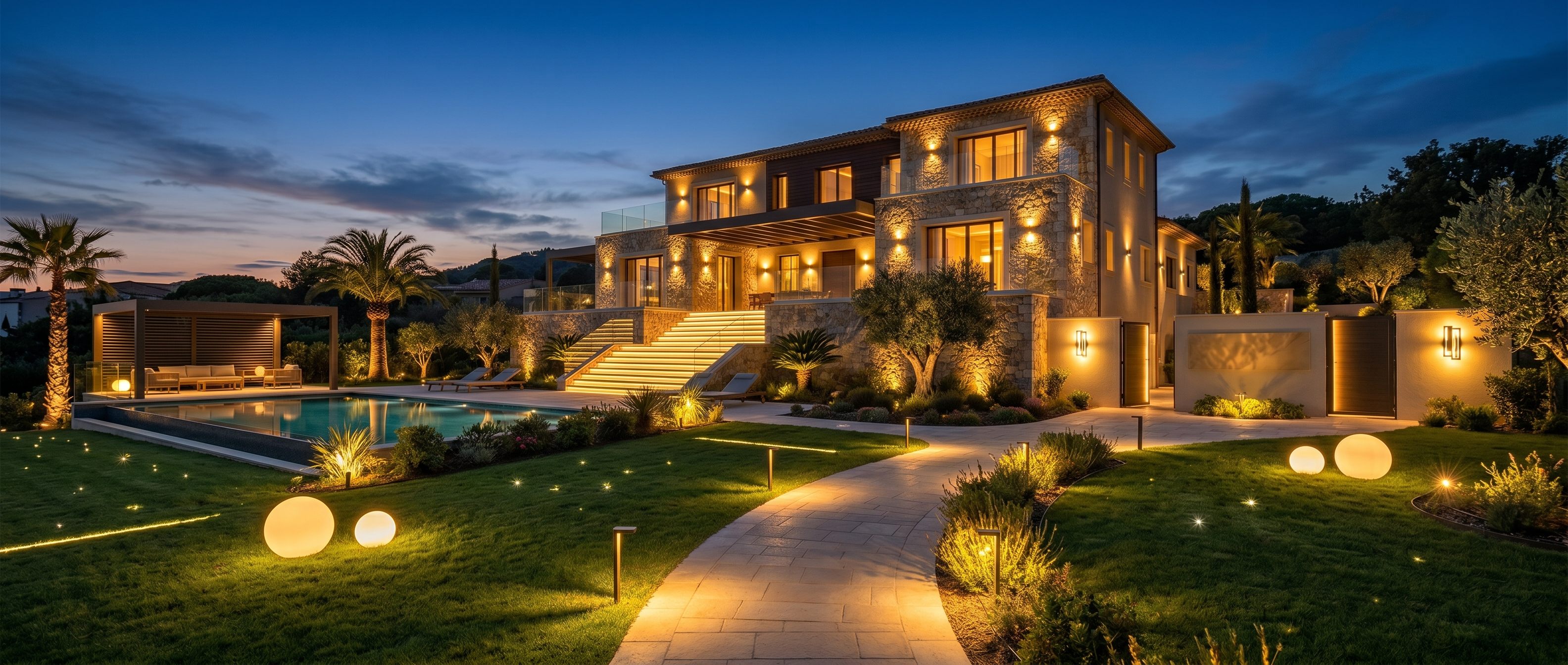 Lüks villa dış mekan aydınlatma — gece atmosferi